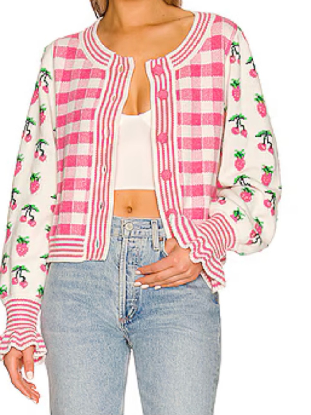 LoveShackFancy Pink & White Strawberry Knit Cardigan